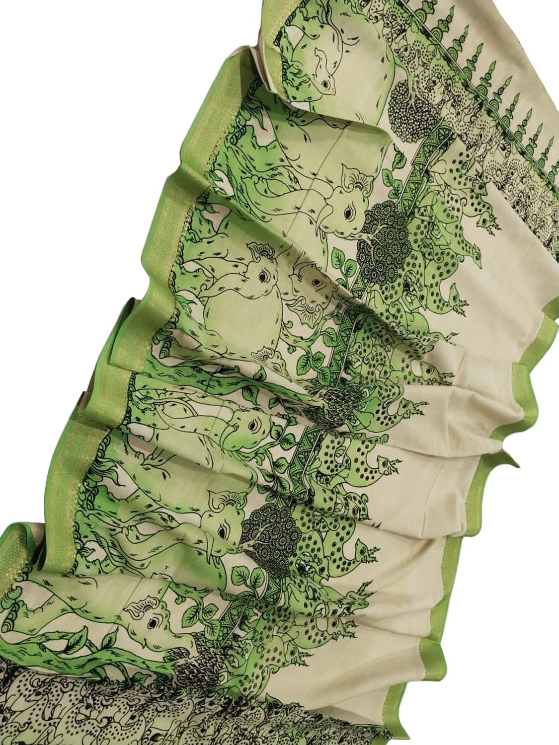 Hand Painted Mangalgiri Cotton Dupatta in Green & Pastel - Luxurion World