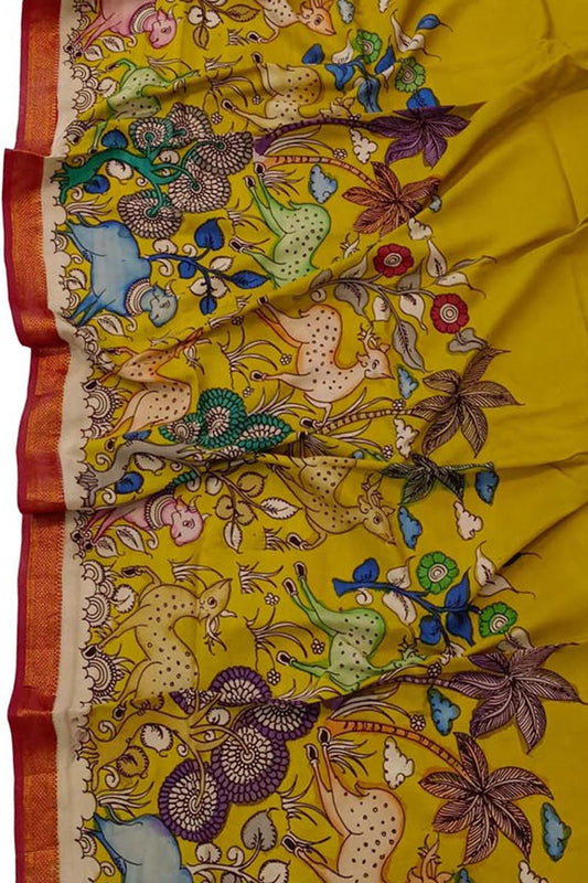 Yellow Kalamkari Hand Painted Mangalagiri Silk Dupatta