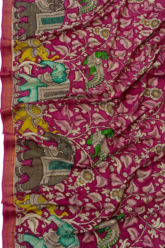 Pink Kalamkari Hand Painted Mangalagiri Silk Dupatta