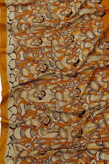 Orange Kalamkari Hand Painted Mangalagiri Silk Dupatta - Luxurion World