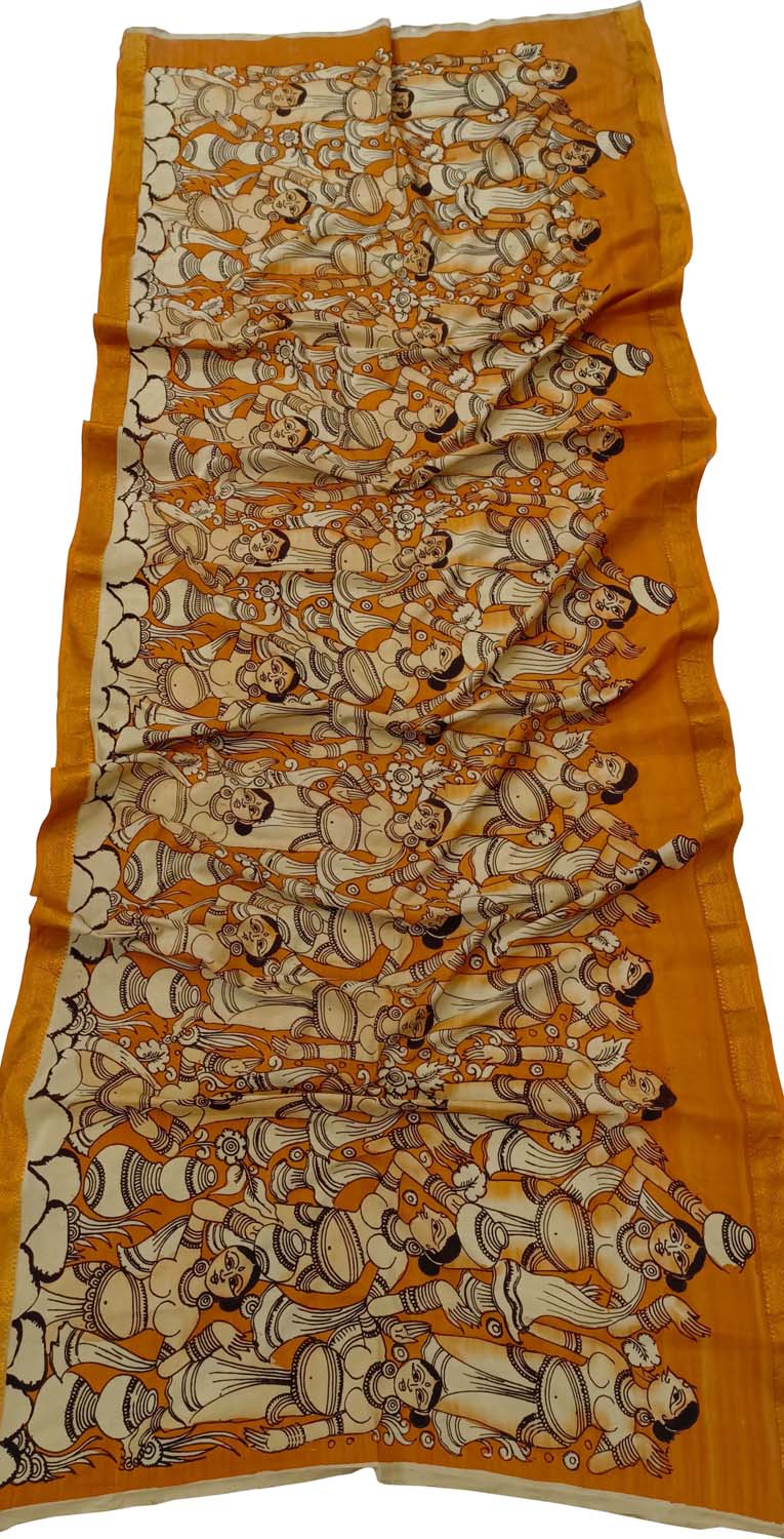 Orange Kalamkari Hand Painted Mangalagiri Silk Dupatta - Luxurion World