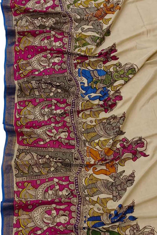 Multicolor Kalamkari Hand Painted Mangalagiri Silk Dupatta - Luxurion World