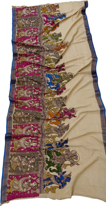 Multicolor Kalamkari Hand Painted Mangalagiri Silk Dupatta - Luxurion World