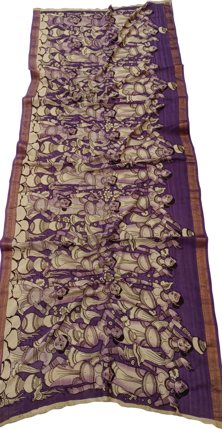 Purple Kalamkari Hand Painted Mangalagiri Silk Dupatta - Luxurion World