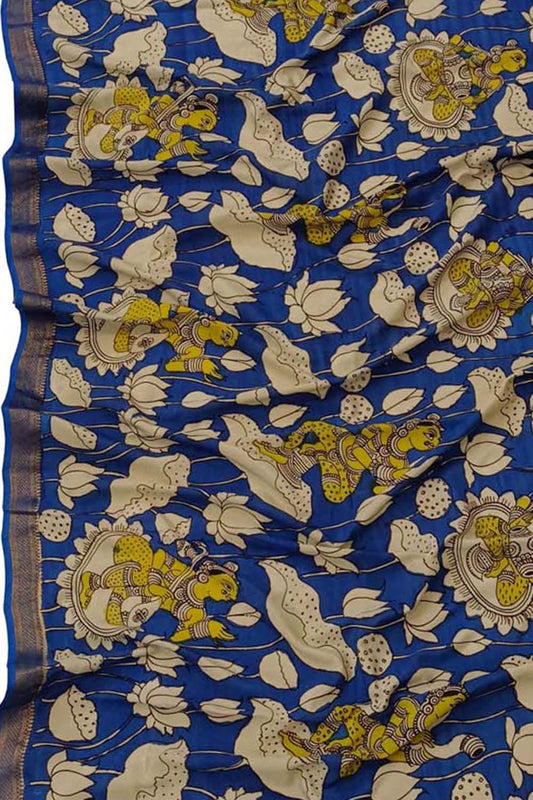 Blue Kalamkari Hand Painted Mangalagiri Silk Dupatta - Luxurion World