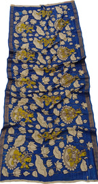 Blue Kalamkari Hand Painted Mangalagiri Silk Dupatta - Luxurion World