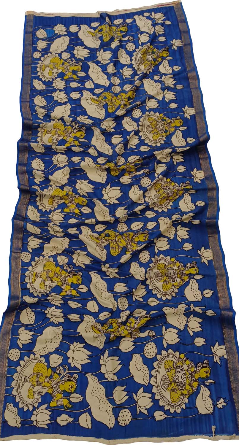 Blue Kalamkari Hand Painted Mangalagiri Silk Dupatta - Luxurion World