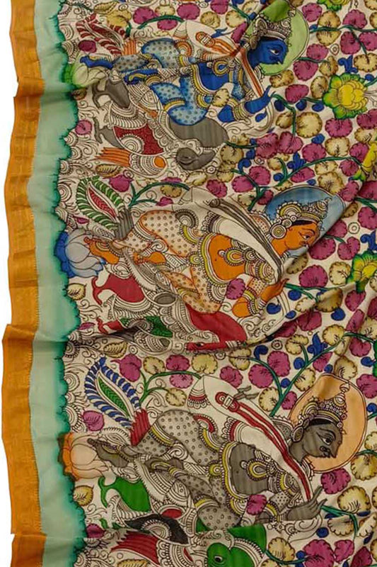 Pastel Kalamkari Hand Painted Mangalagiri Silk Dupatta