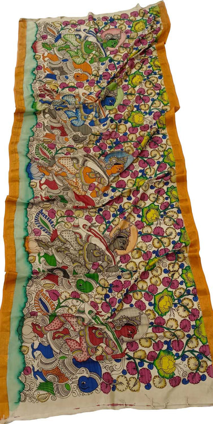 Pastel Kalamkari Hand Painted Mangalagiri Silk Dupatta - Luxurion World