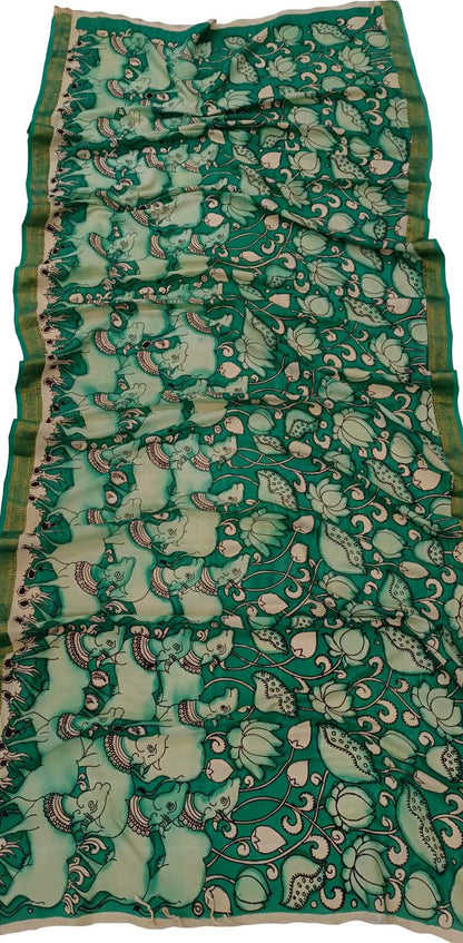 Green Kalamkari Hand Painted Mangalagiri Silk Dupatta - Luxurion World