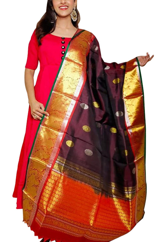 Brown Kanjeevaram Handloom Pure Silk Dupatta - Luxurion World