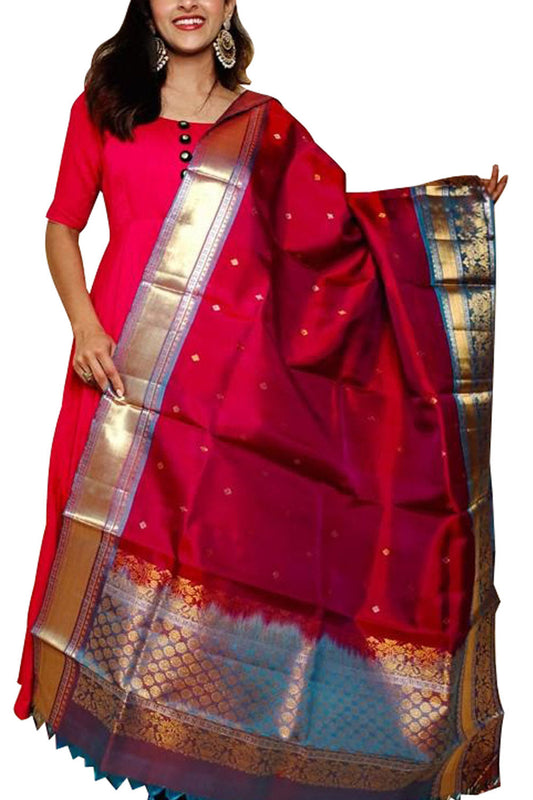 Red Kanjeevaram Handloom Pure Silk Dupatta - Luxurion World