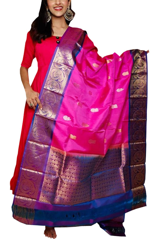 Pink Kanjeevaram Handloom Pure Silk Dupatta - Luxurion World