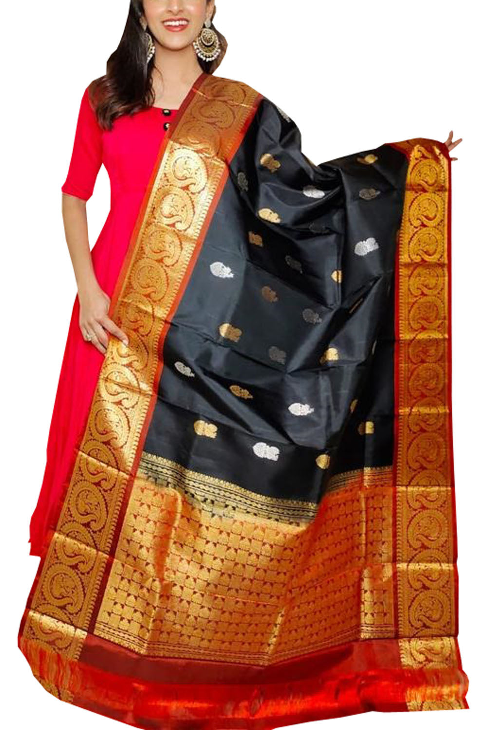 Black Kanjeevaram Handloom Pure Silk Dupatta