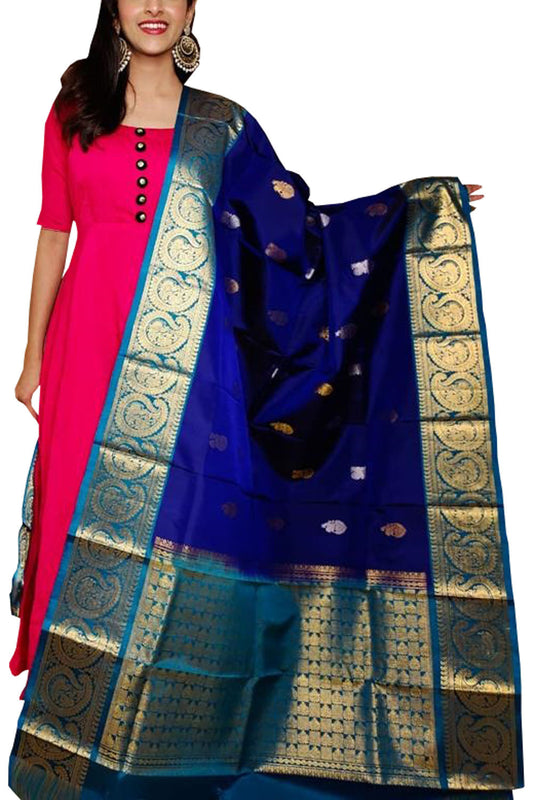 Blue Kanjeevaram Handloom Pure Silk Dupatta - Luxurion World