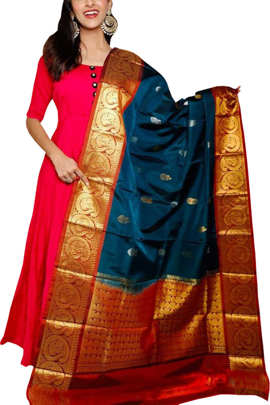 Blue Kanjeevaram Handloom Pure Silk Dupatta - Luxurion World