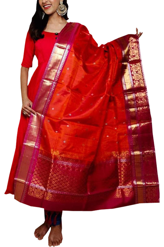 Red Kanjeevaram Handloom Pure Silk Dupatta - Luxurion World