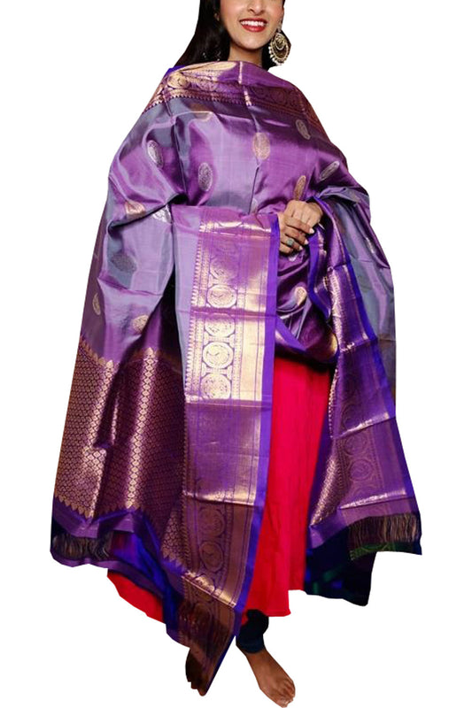 Purple Kanjeevaram Handloom Pure Silk Dupatta - Luxurion World