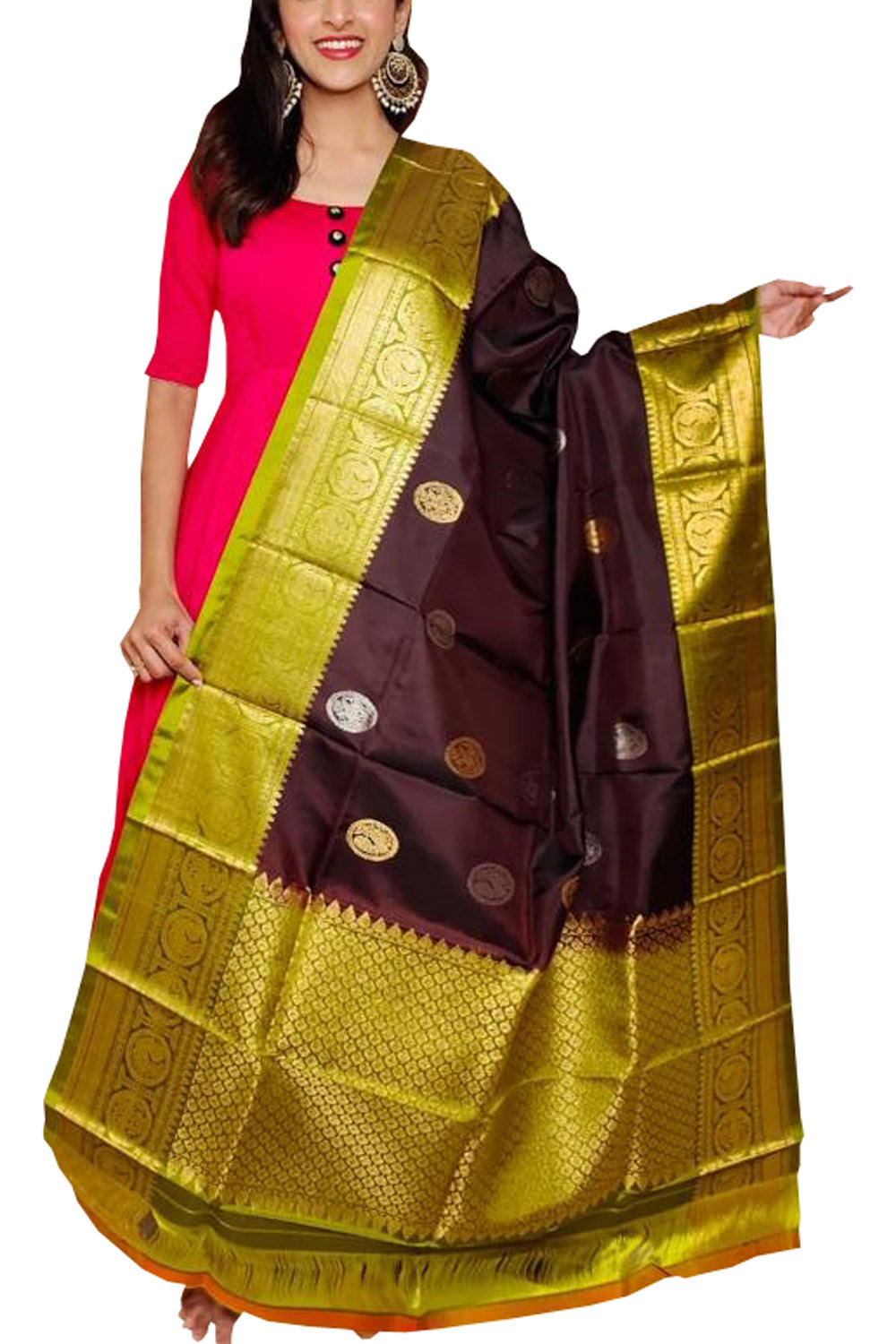 Brown Kanjeevaram Handloom Pure Silk Dupatta - Luxurion World