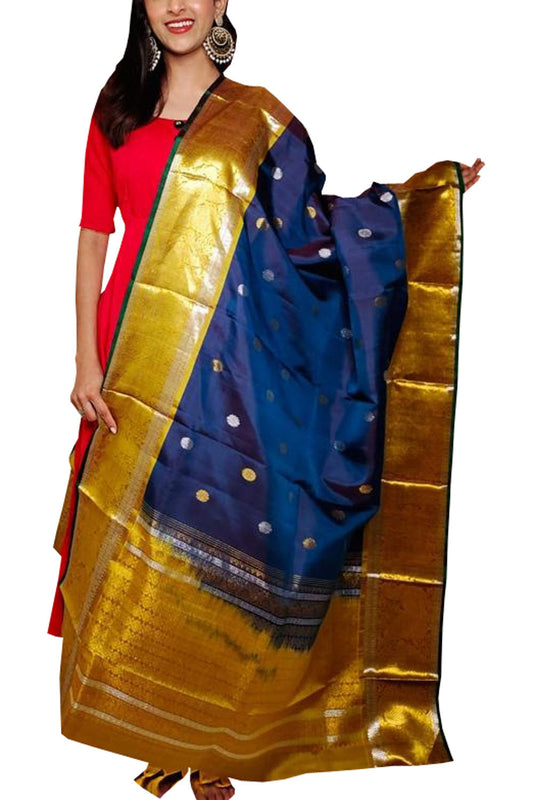 Blue Kanjeevaram Handloom Pure Silk Dupatta - Luxurion World