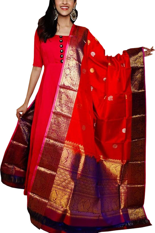 Red Kanjeevaram Handloom Pure Silk Dupatta - Luxurion World