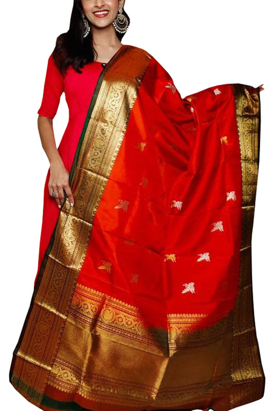 Red Kanjeevaram Handloom Pure Silk Dupatta - Luxurion World