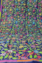 Blue Hand Embroidered Kantha Bangalore Silk Dupatta - Luxurion World