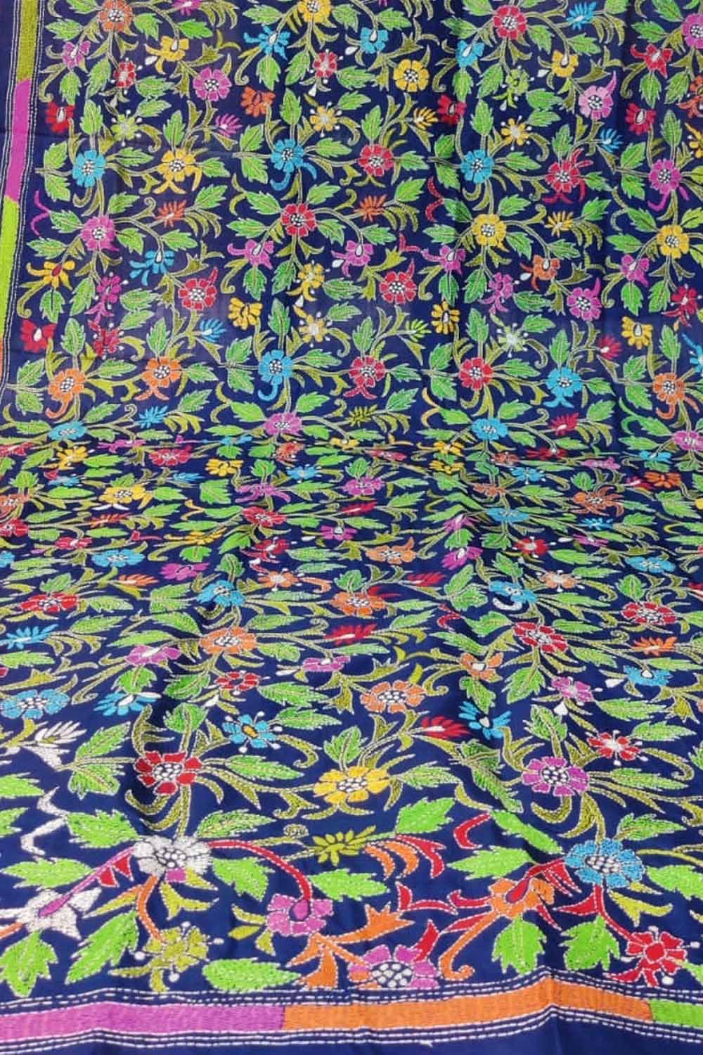 Blue Hand Embroidered Kantha Bangalore Silk Dupatta - Luxurion World
