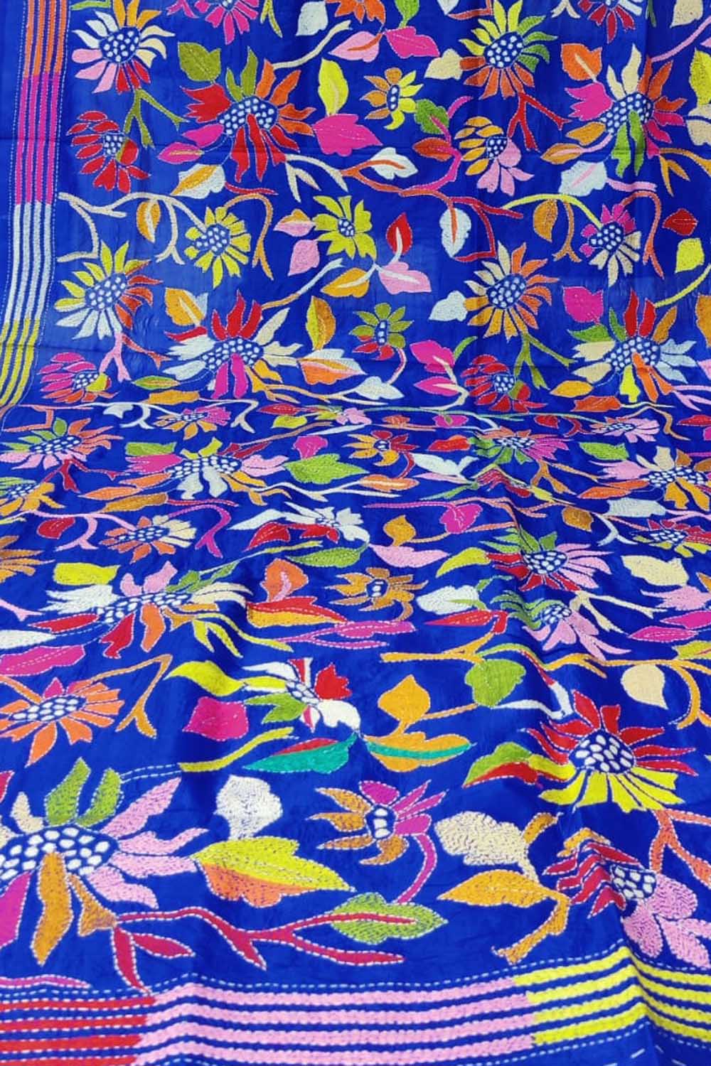 Blue Hand Embroidered Kantha Bangalore Silk Dupatta - Luxurion World