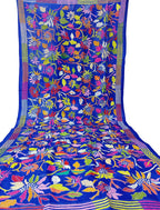 Blue Hand Embroidered Kantha Bangalore Silk Dupatta - Luxurion World
