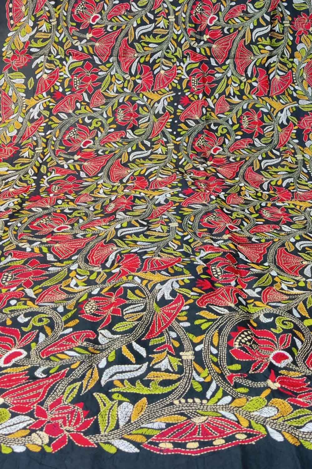 Black Hand Embroidered Kantha Bangalore Silk Dupatta - Luxurion World