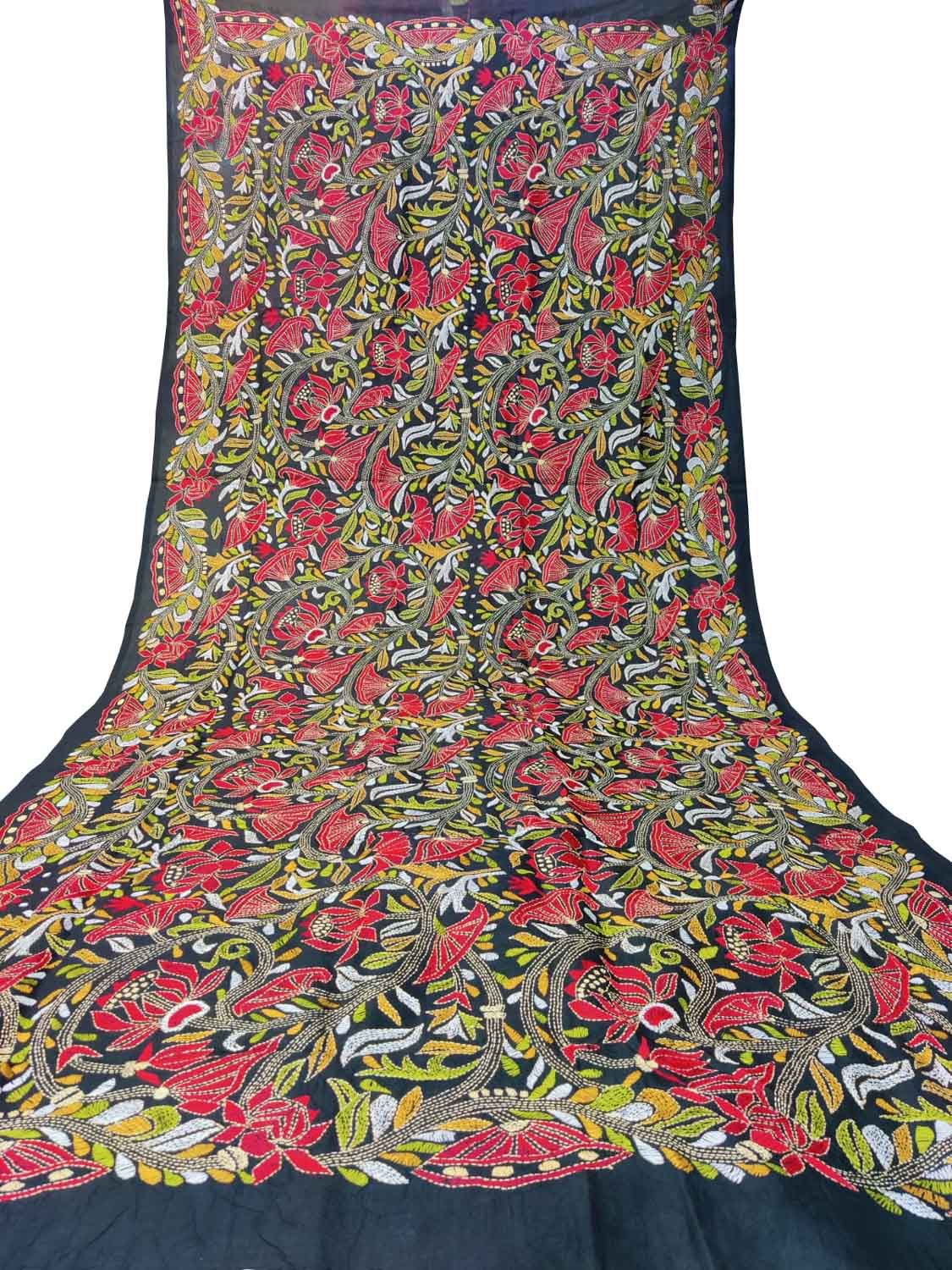 Black Hand Embroidered Kantha Bangalore Silk Dupatta - Luxurion World