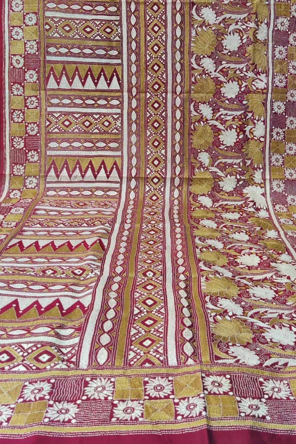 Black Hand Embroidered Kantha Bangalore Silk Dupatta - Luxurion World