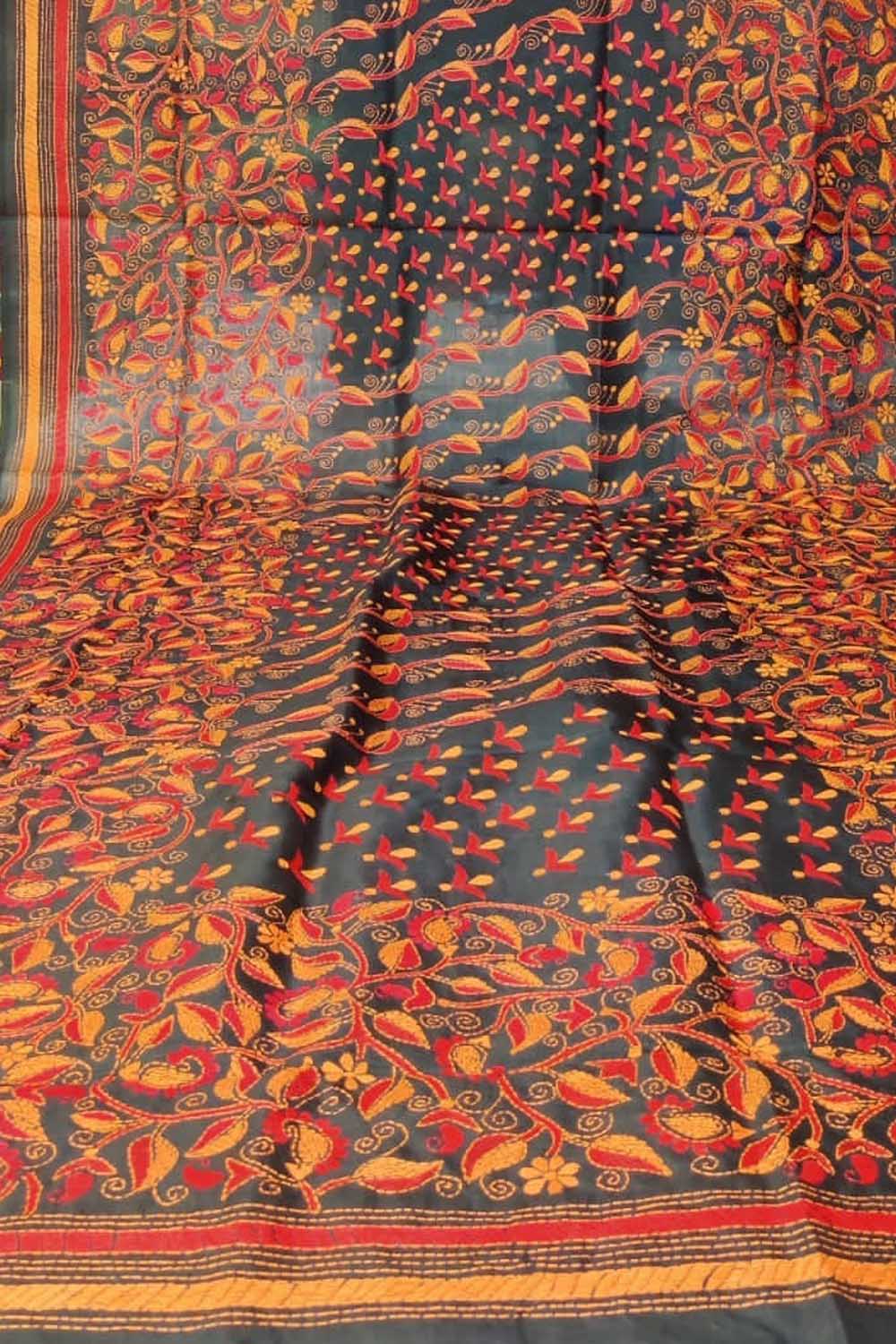 Black Hand Embroidered Kantha Bangalore Silk Dupatta - Luxurion World