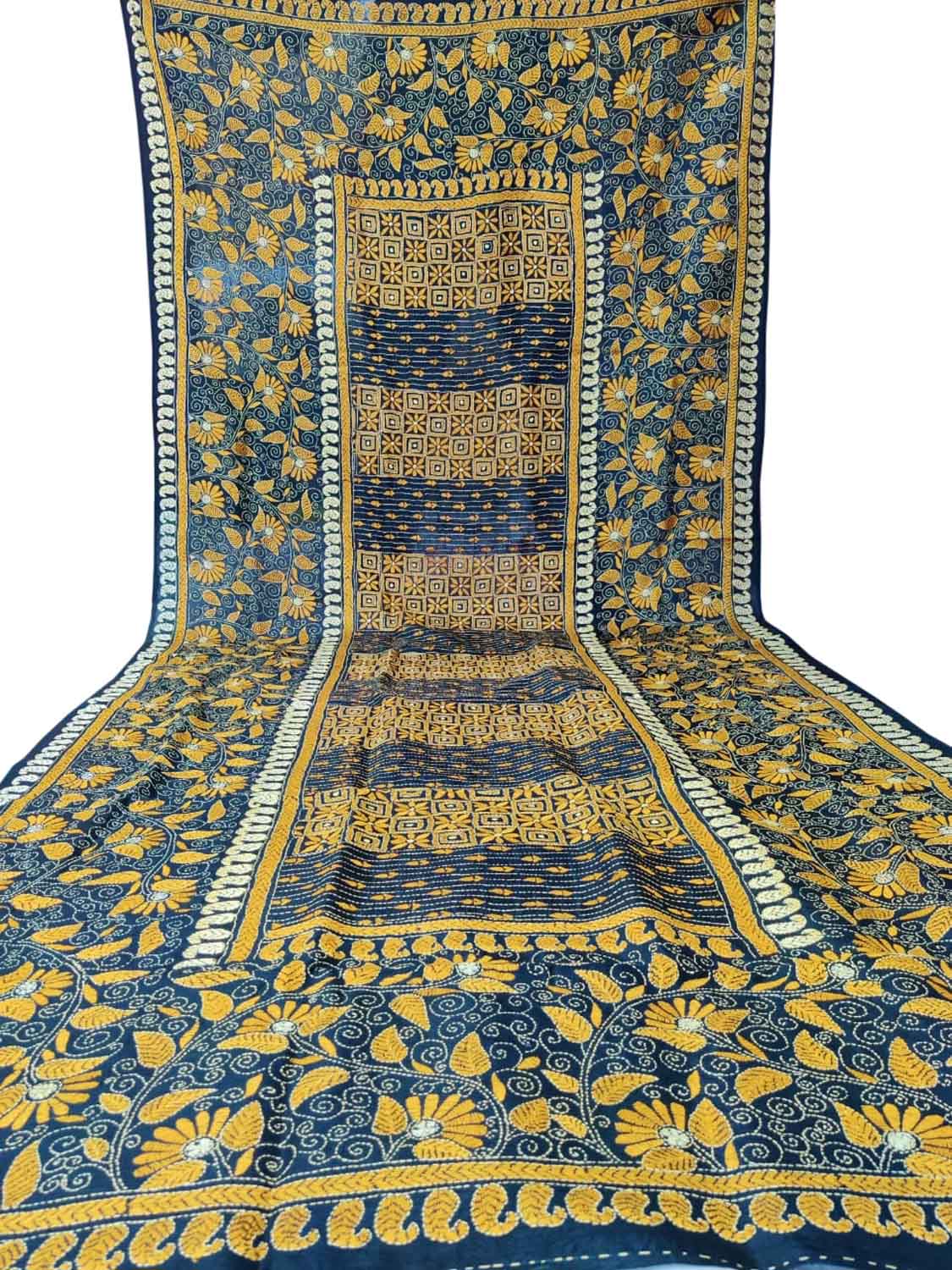 Black Hand Embroidered Kantha Bangalore Silk Dupatta - Luxurion World