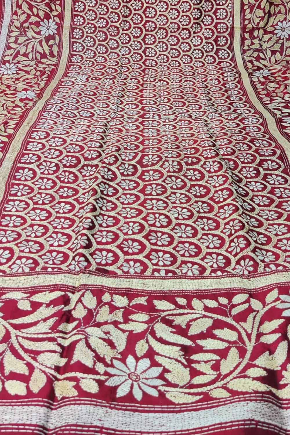 Maroon Hand Embroidered Kantha Bangalore Silk Dupatta - Luxurion World