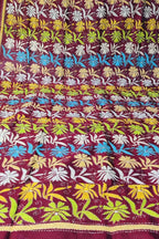 Maroon Hand Embroidered Kantha Bangalore Silk Dupatta - Luxurion World