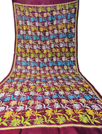 Maroon Hand Embroidered Kantha Bangalore Silk Dupatta - Luxurion World
