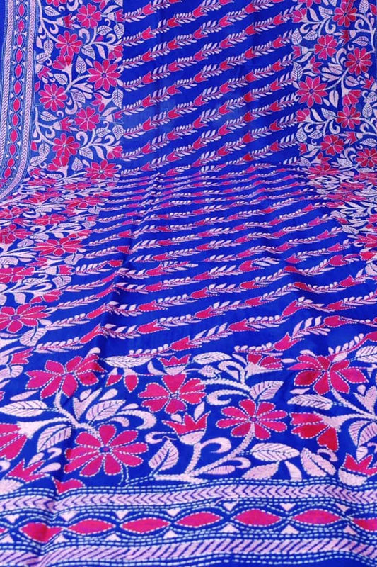 Blue Hand Embroidered Kantha Bangalore Silk Dupatta - Luxurion World