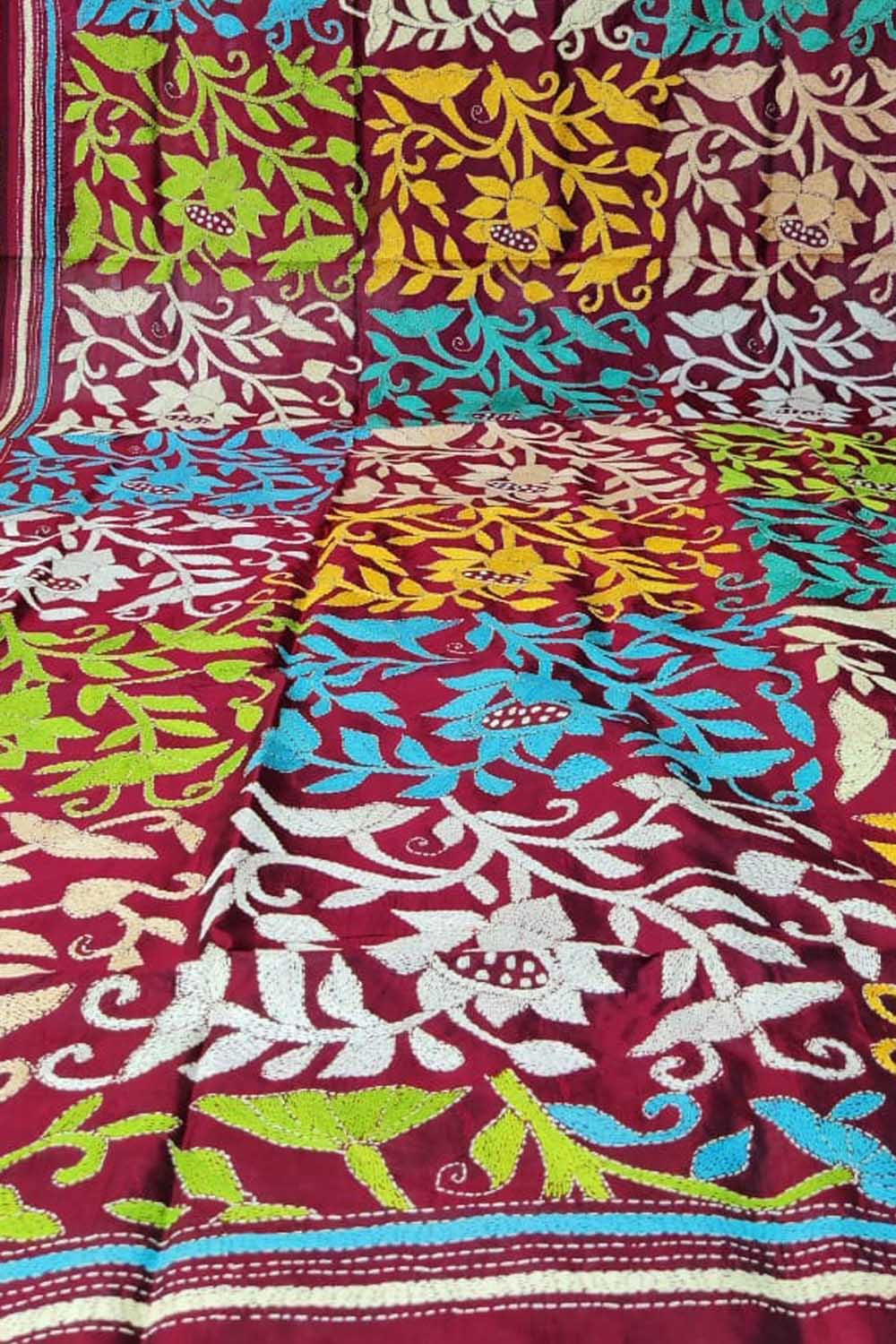 Maroon Hand Embroidered Kantha Bangalore Silk Dupatta - Luxurion World