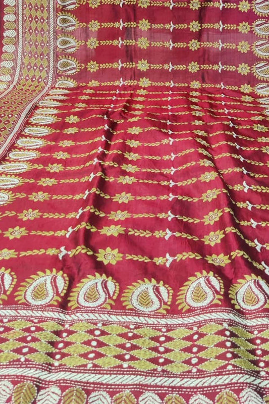 Maroon Hand Embroidered Kantha Bangalore Silk Dupatta - Luxurion World