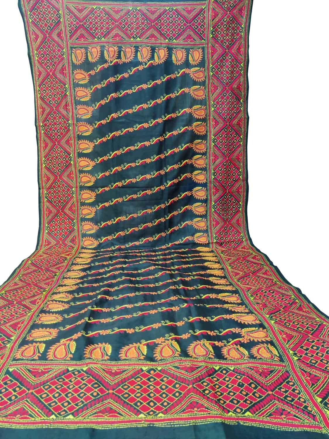 Black Hand Embroidered Kantha Bangalore Silk Dupatta - Luxurion World
