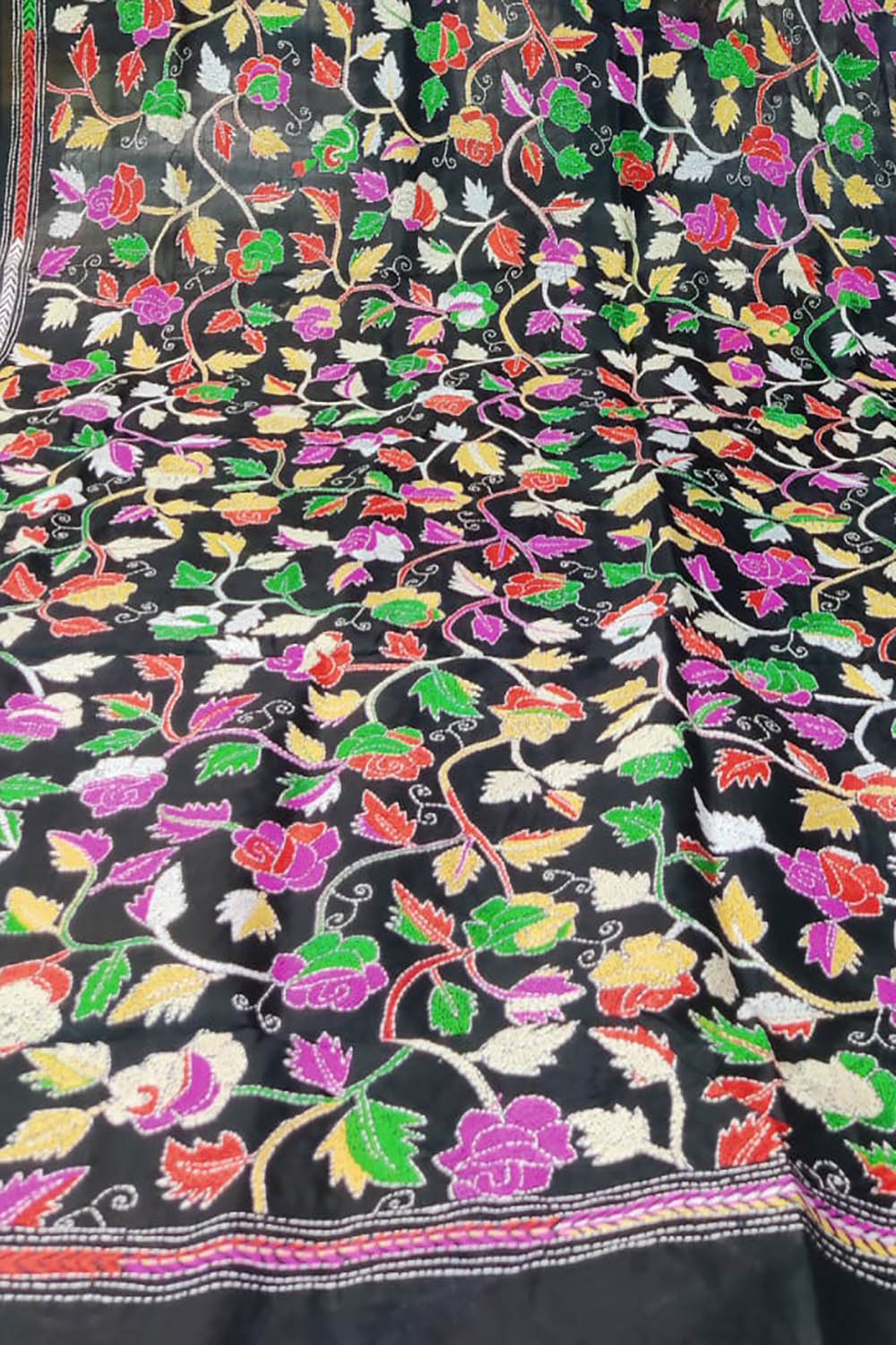 Black Hand Embroidered Kantha Bangalore Silk Dupatta - Luxurion World