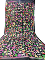 Black Hand Embroidered Kantha Bangalore Silk Dupatta - Luxurion World