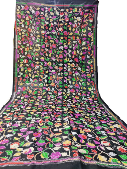 Black Hand Embroidered Kantha Bangalore Silk Dupatta - Luxurion World