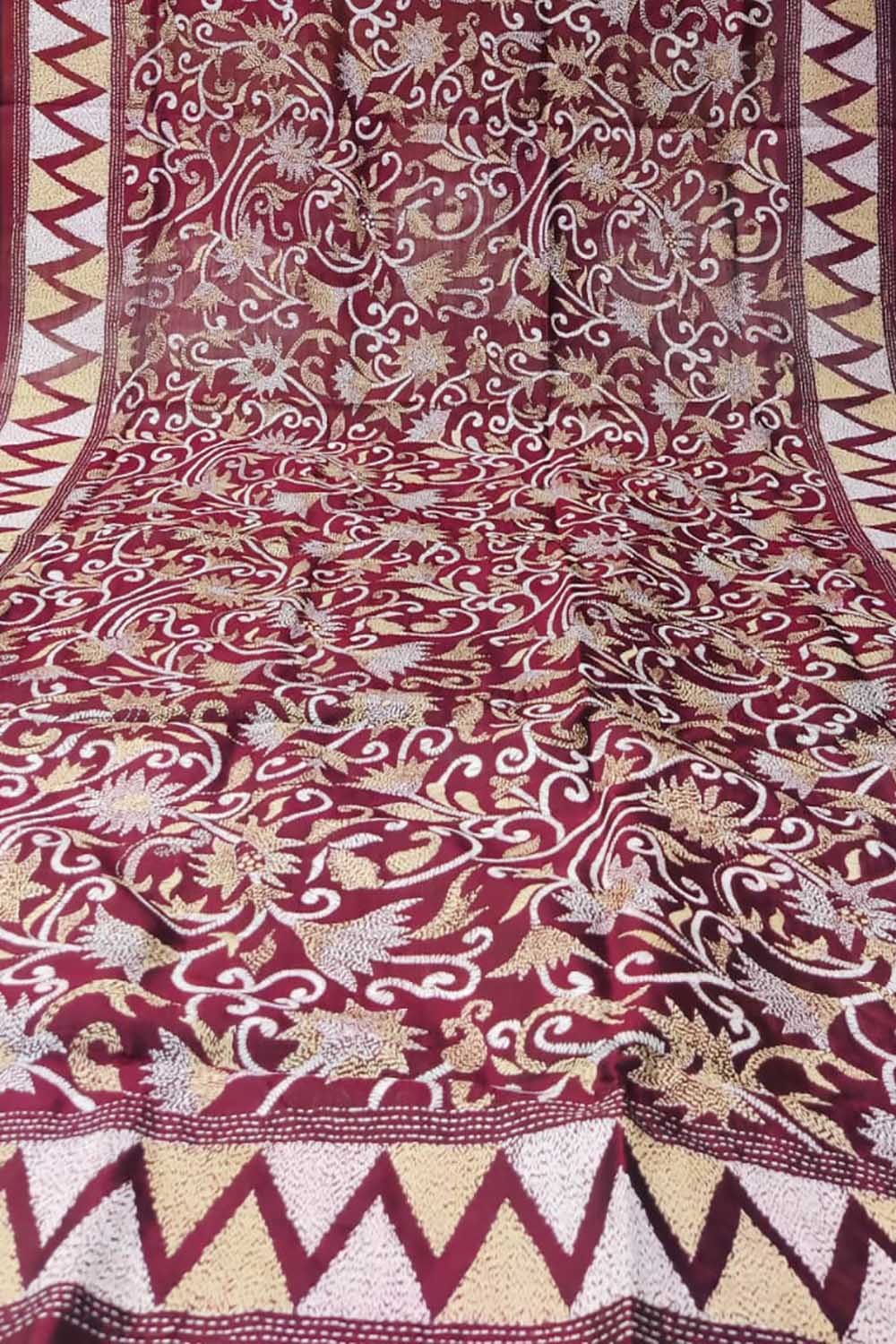 Maroon Hand Embroidered Kantha Bangalore Silk Dupatta - Luxurion World