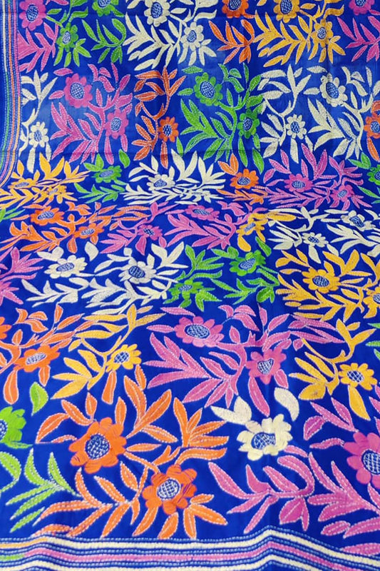 Blue Hand Embroidered Kantha Bangalore Silk Dupatta - Luxurion World