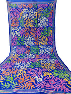 Blue Hand Embroidered Kantha Bangalore Silk Dupatta - Luxurion World