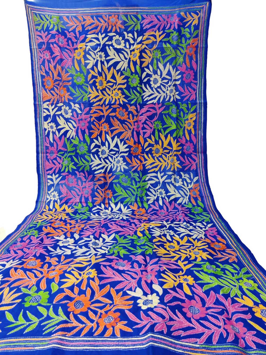 Blue Hand Embroidered Kantha Bangalore Silk Dupatta - Luxurion World