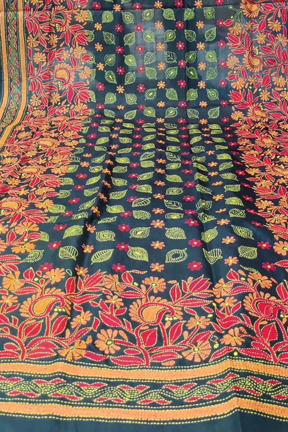 Black Hand Embroidered Kantha Bangalore Silk Dupatta - Luxurion World